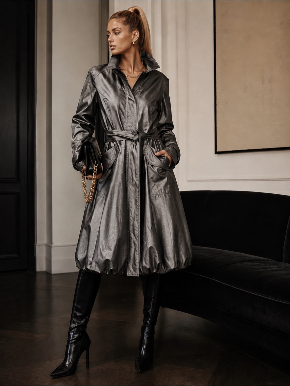 Samuel Dong Metallic Bubble Hem Trench Coat with Tie Belt